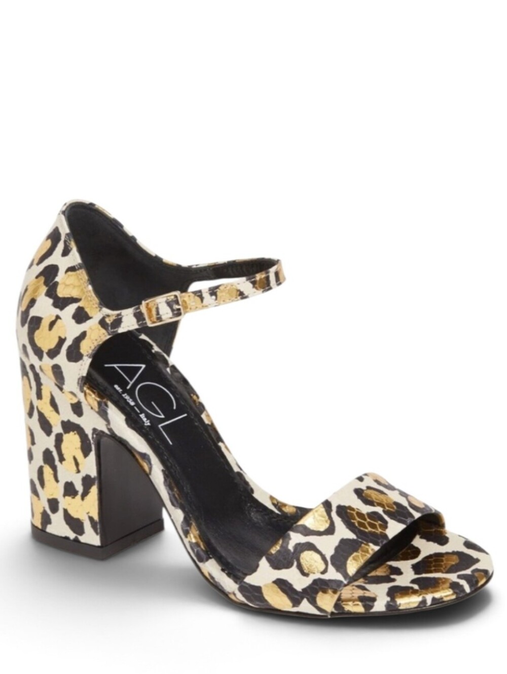AGL Handcrafted Heels Italy Metallic Leopard Snake Sandals Block Heel Chunky
